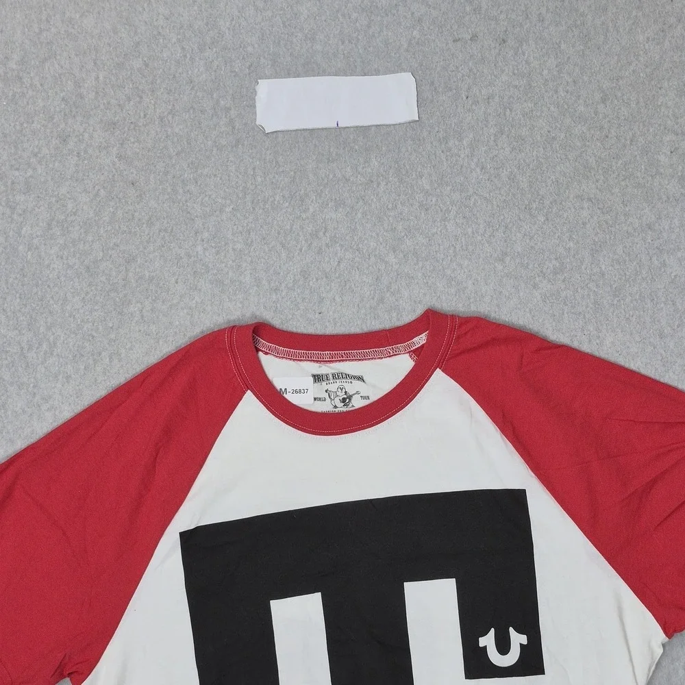 True‎ Religion Men Shirt L White Graphic Logo Number Raglan Baseball Tee